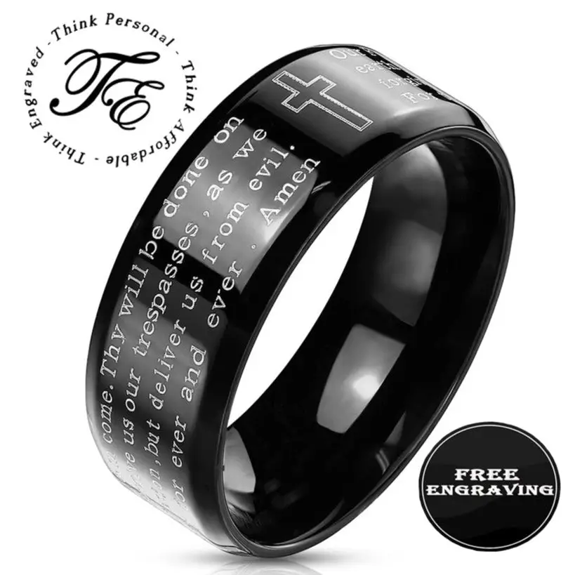 ThinkEngraved Prayer Ring 6mm size 5 Personalized Men's Black Christian Cross Prayer Promise Ring - Engraved Prayer Ring