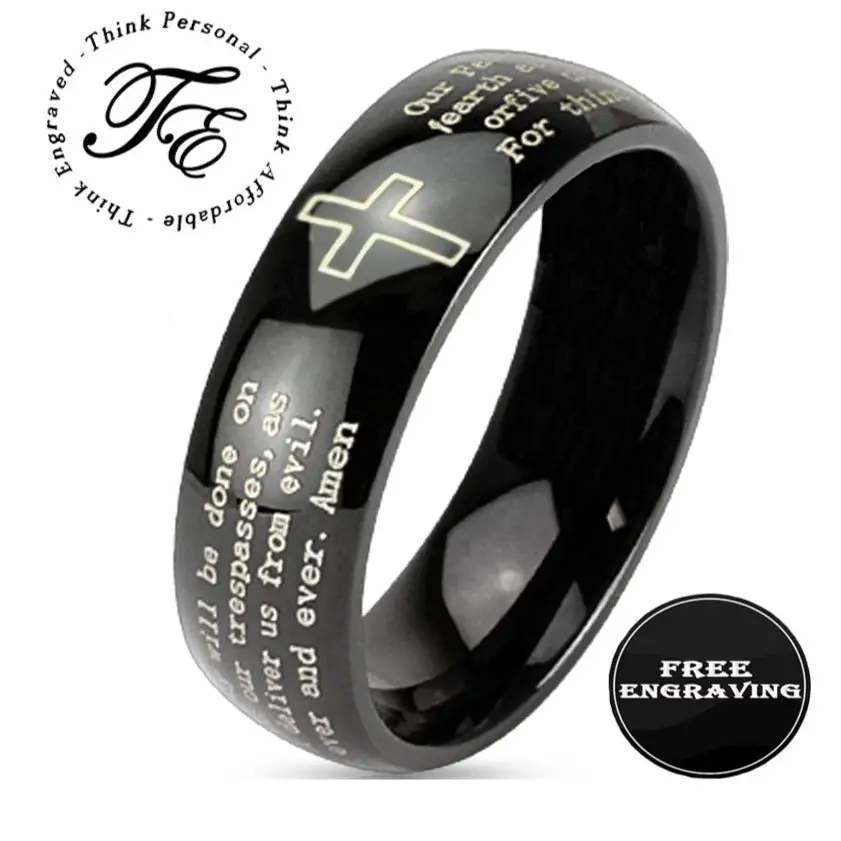 ThinkEngraved Prayer Ring 6mm size 6 Personalized Christian Cross and Lord's Prayer Ring Engraved Promise Ring