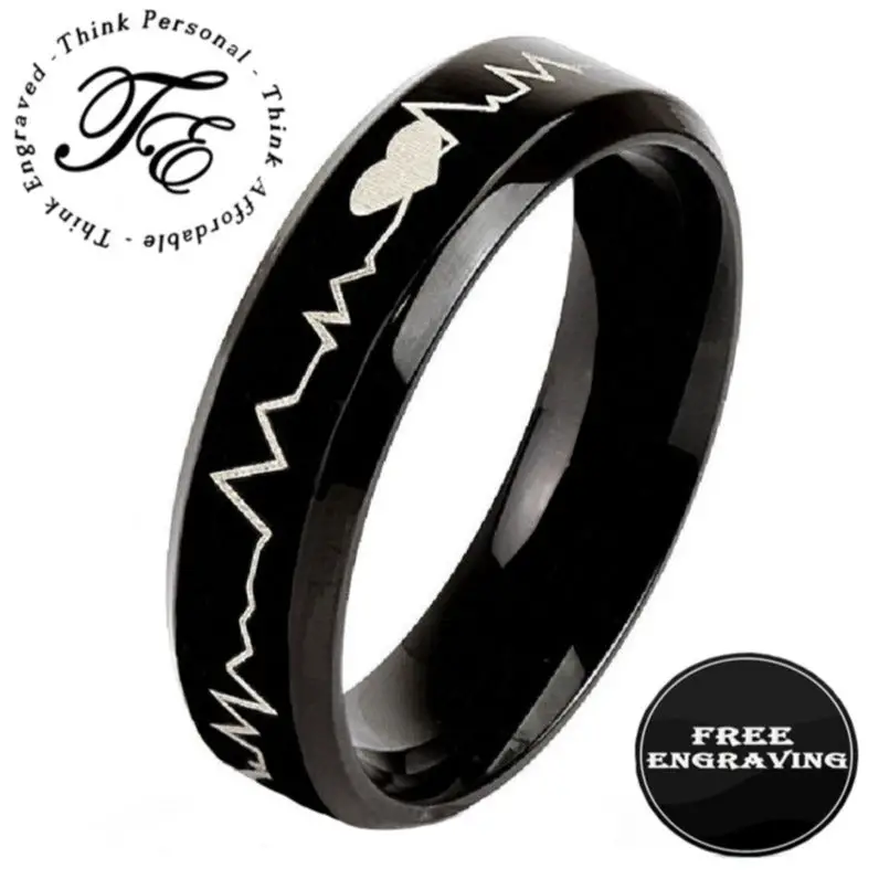 ThinkEngraved Promise Ring 6 Personalized Men's Black Heartbeat Promise Ring - Engraved Handwriting Ring