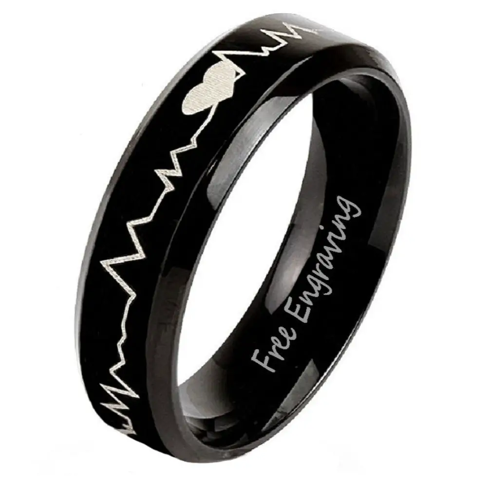 ThinkEngraved Promise Ring 5 Personalized Men's Black Heartbeat Promise Ring - Engraved Handwriting Ring