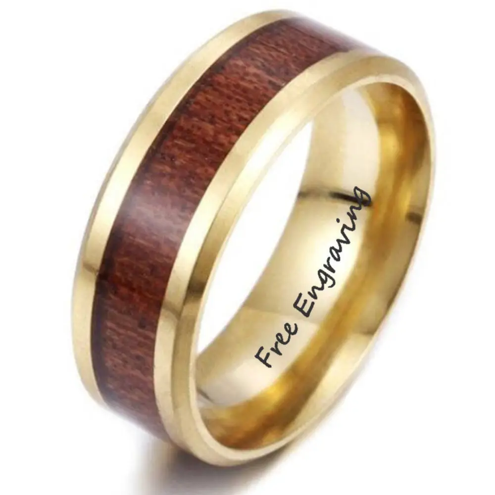 ThinkEngraved Promise Ring 6 Personalized Men's Gold Promise Ring With Hardwood Wood Inlay
