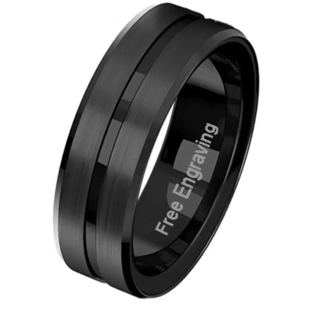 ThinkEngraved promise ring 6 Personalized Men's Matte Black Grooved Tungsten Promise Ring - Handwriting Ring