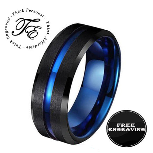 ThinkEngraved Promise Ring 6 Personalized Men's Matte Black Promise Ring - Blue Line Groove