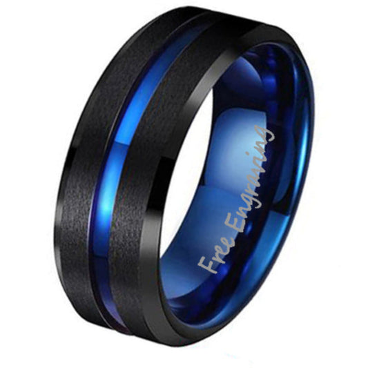 ThinkEngraved Promise Ring 6 Personalized Men's Matte Black Promise Ring - Blue Line Groove