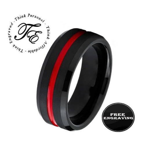 ThinkEngraved Promise Ring 6 Personalized Men's Promise Ring - Black With Red Line Groove Stainless Steel