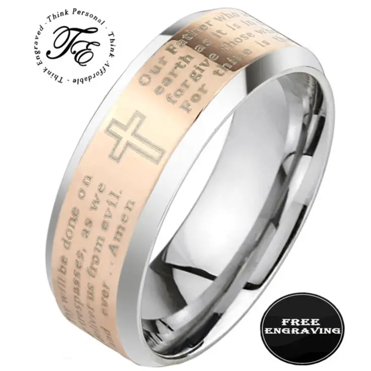 ThinkEngraved Promise Ring 6mm size 5 Engraved Men's Christian Cross Promise Ring - Lord's Prayer Ring Personalized