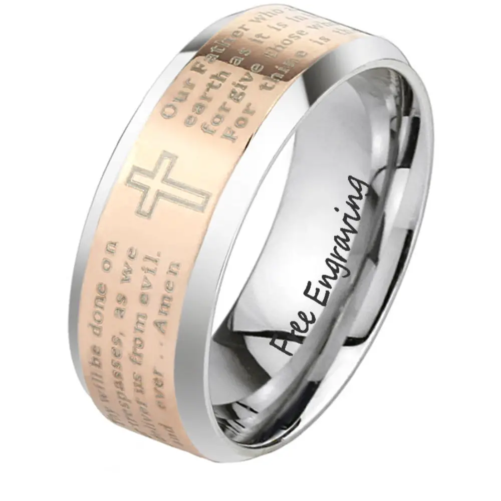 ThinkEngraved Promise Ring 6mm size 5 Engraved Men's Christian Cross Promise Ring - Lord's Prayer Ring Personalized