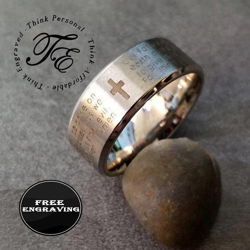ThinkEngraved Promise Ring 6mm size 5 Personalized Men's Promise Ring - Lords Prayer Christian Cross Stainless Steel