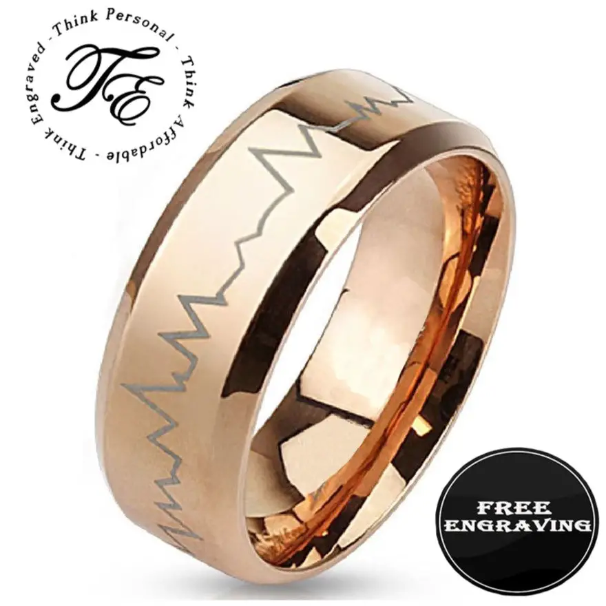 ThinkEngraved Promise Ring 6mm size 5 Personalized Men's Rose Gold Heart Beat Promise Ring - Engraved heart Beat Ring