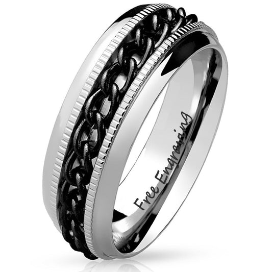 ThinkEngraved Promise Ring 7 Personalized Engraved Men's Black Chain Spinner Ring - Silver Fidget Spinner For Him
