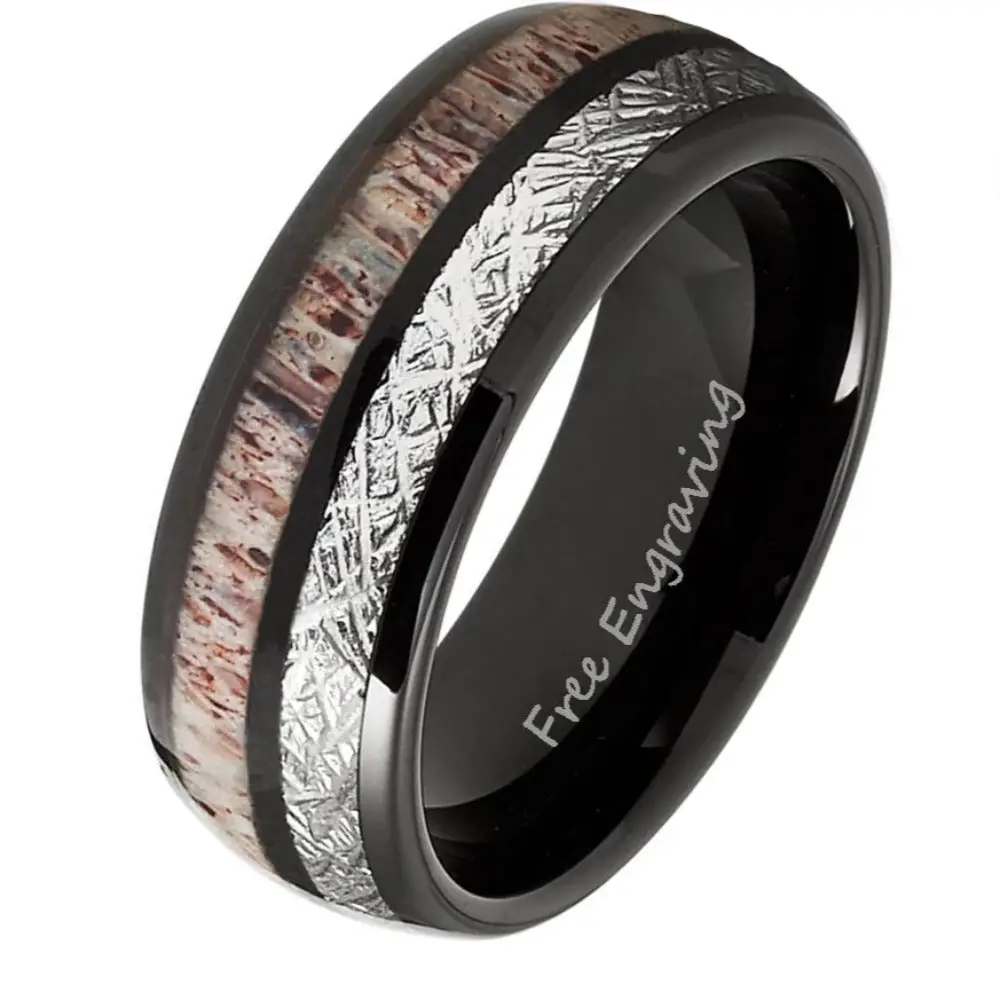 ThinkEngraved Promise Ring 7 Personalized Men's Meteor and Antler Black Tungsten Promise Ring - Handwriting Ring