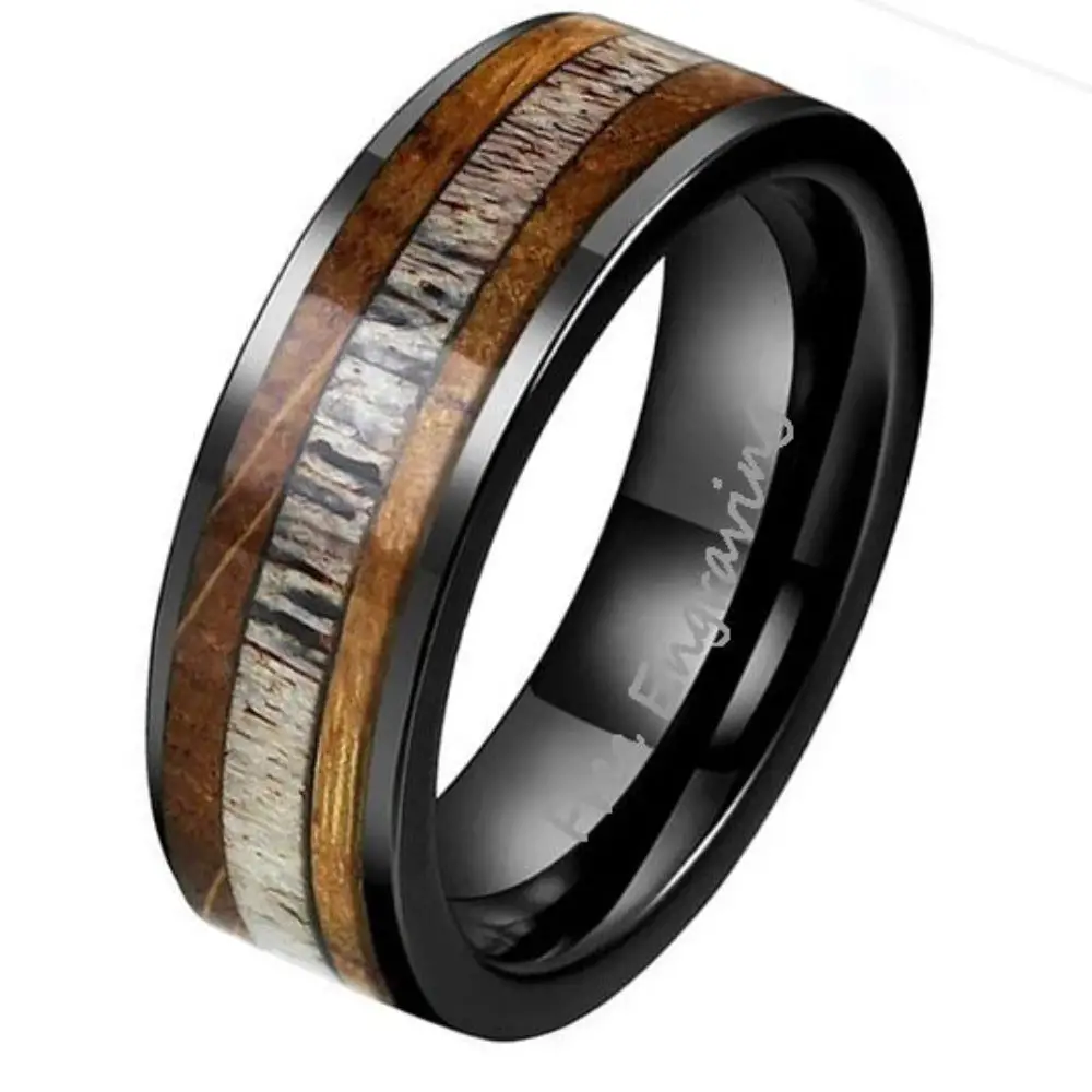 ThinkEngraved Promise Ring 7 Personalized Men's Promise Ring - Wood and Antler Inlay Real Tungsten
