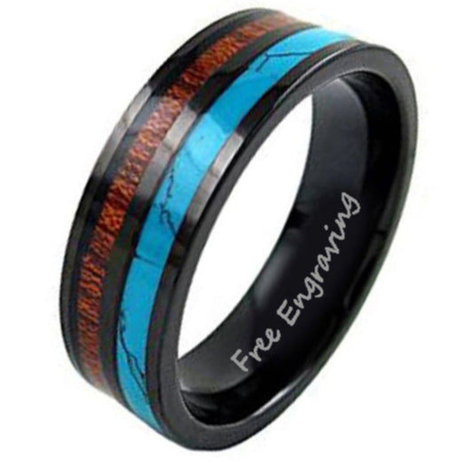 ThinkEngraved Promise Ring 8 Personalized Men's Promise Ring - Turquoise and Wood Inlays Real Tungsten
