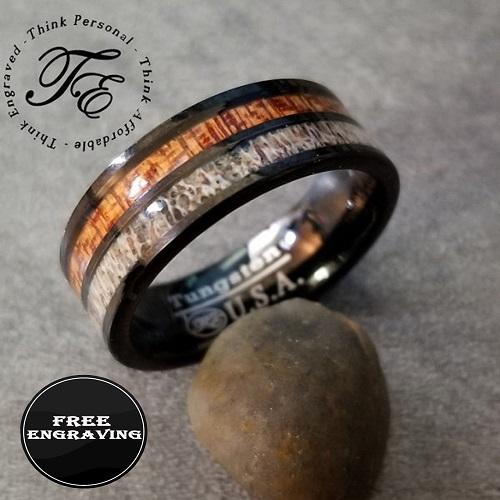 ThinkEngraved Promise Ring 8 Personalized Men's Promise Ring - Wood and Deer Antler Inlay Real Tungsten