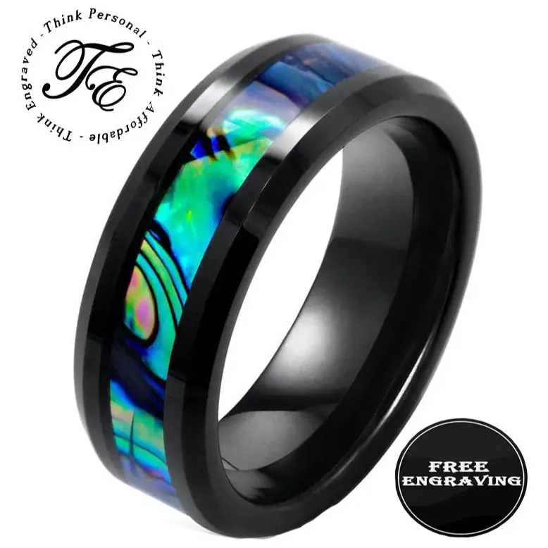 ThinkEngraved Promise Ring 8 Personalized Men's Tungsten Abalone Promise Ring - Engraved Handwriting Ring