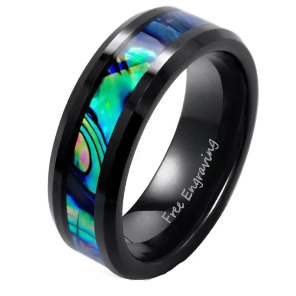 ThinkEngraved Promise Ring 8 Personalized Men's Tungsten Abalone Promise Ring - Engraved Handwriting Ring