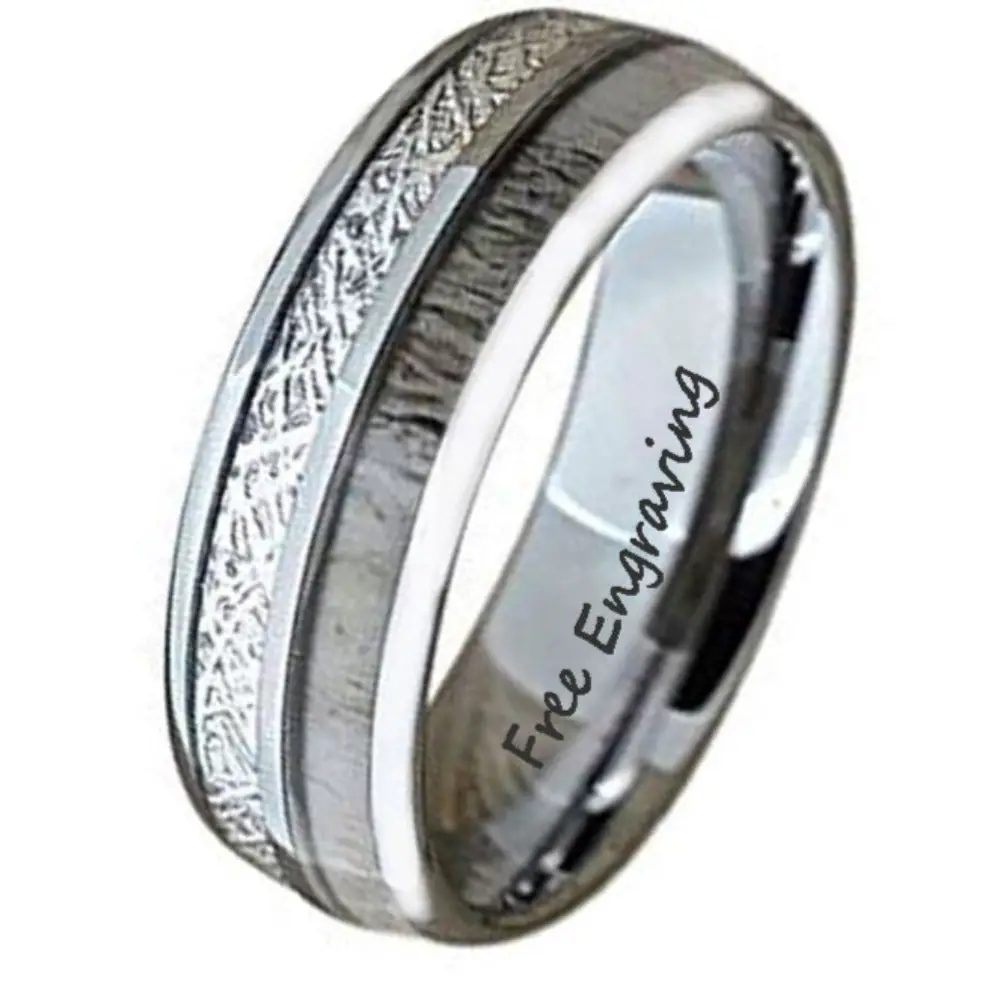 ThinkEngraved Promise Ring 9 Men's Engraved Deer Antler and Meteor Tungsten Promise Ring - Deer Bone Ring