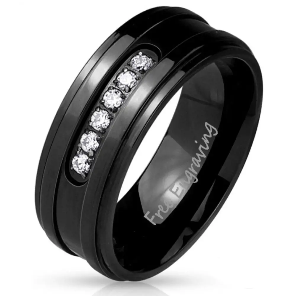 ThinkEngraved Promise Ring 9 Personalized Engraved Men's Promise Ring - Black With Clear Gems Stainless Steel