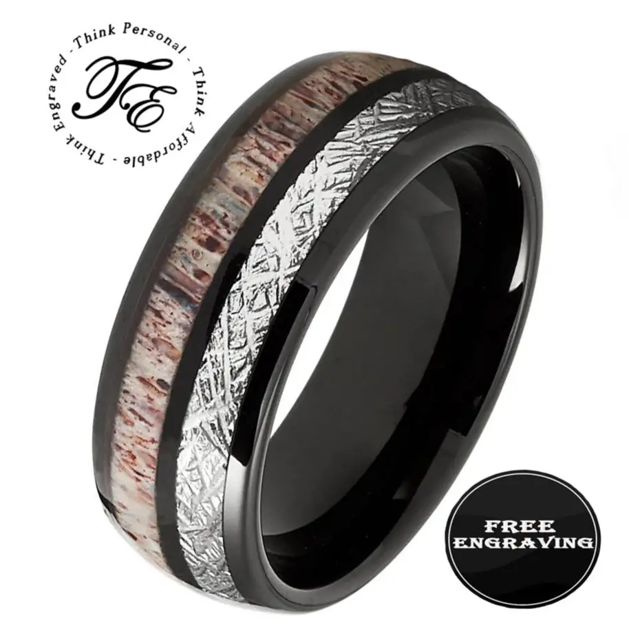 ThinkEngraved Promise Ring 9 Personalized Men's Meteor and Antler Black Tungsten Promise Ring - Handwriting Ring