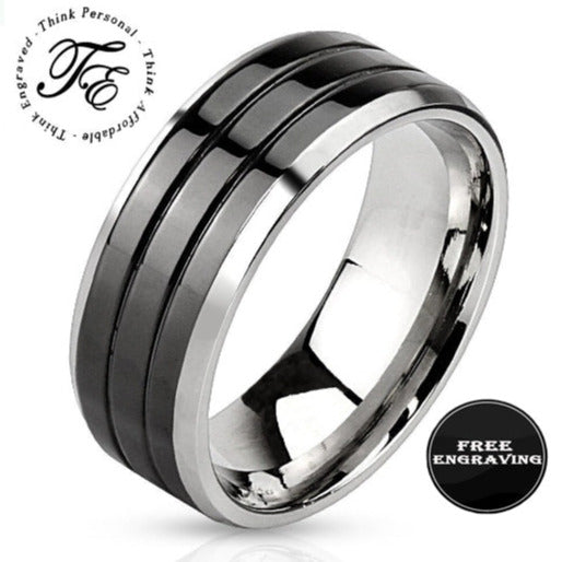 ThinkEngraved Promise Ring 9 Personalized Men's Promise Ring - Black and Silver Double Grooved Stainless Steel