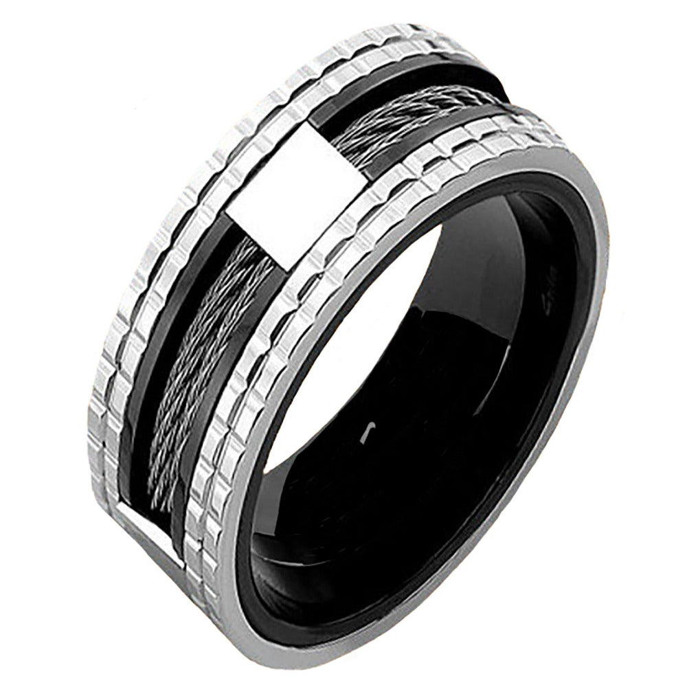 ThinkEngraved Promise Ring 9 Personalized Men's Promise Ring - Double Wire Cable Inlay Stainless Steel