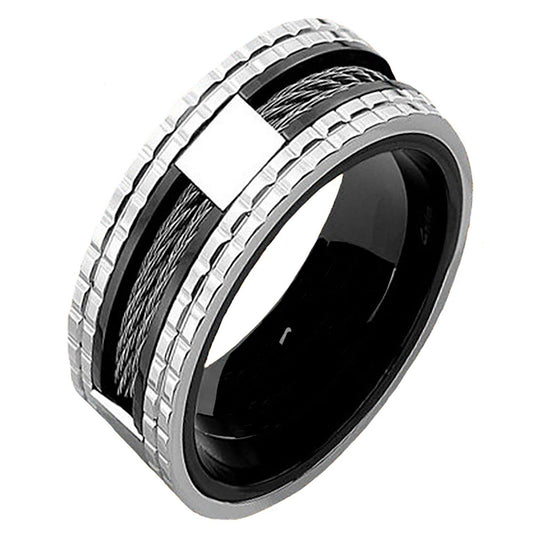 ThinkEngraved Promise Ring 9 Personalized Men's Promise Ring - Double Wire Cable Inlay Stainless Steel