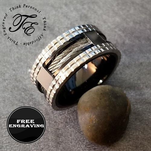 ThinkEngraved Promise Ring 9 Personalized Men's Promise Ring - Double Wire Cable Inlay Stainless Steel