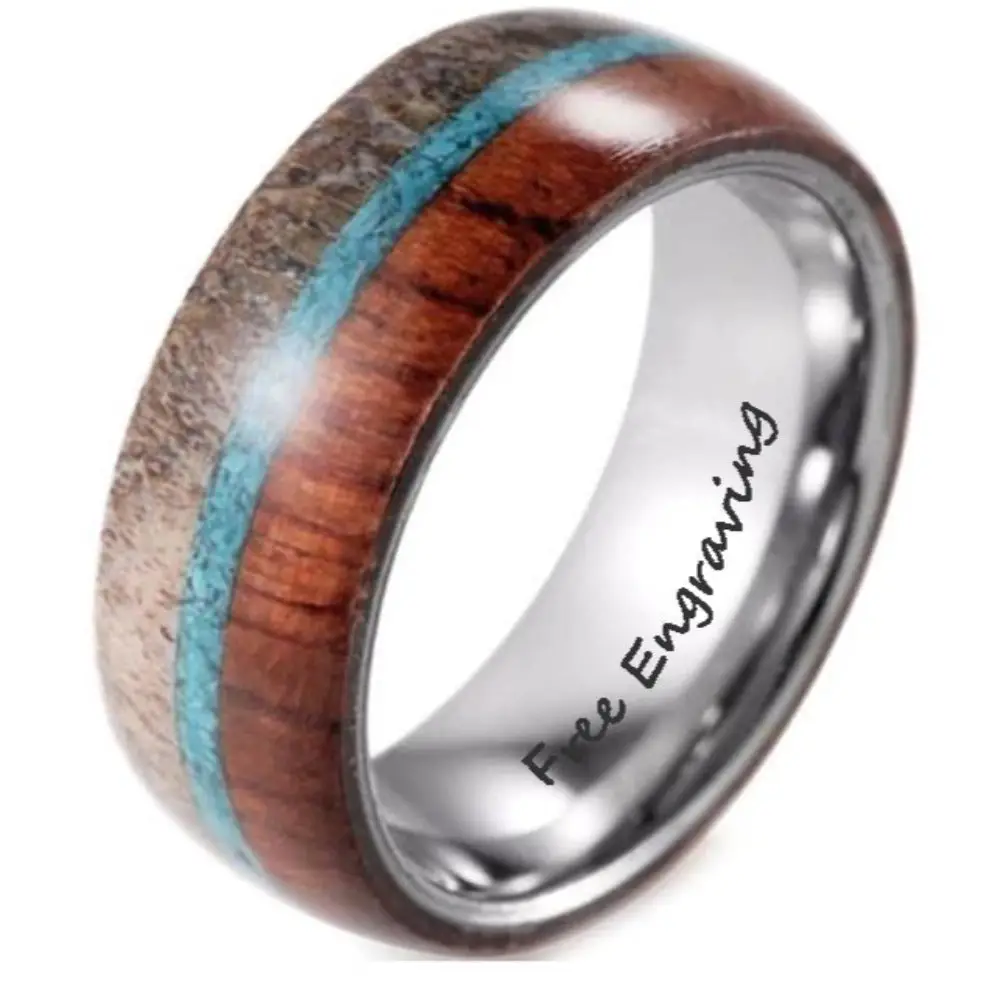 ThinkEngraved Promise Ring 9 Personalized Men's Promise Ring - Turquoise, Antler and Wood Inlay Real Tungsten