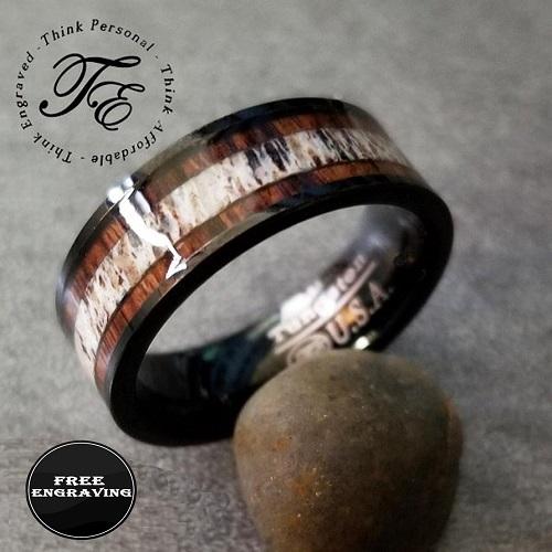 ThinkEngraved Promise Ring 9 Personalized Men's Promise Ring - Wood and Antler Inlay Real Tungsten