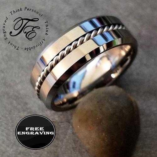 ThinkEngraved Promise Ring 9 Personalized Men's Silver Promise Ring - Beveled Wire Cable Inlay Real Tungsten