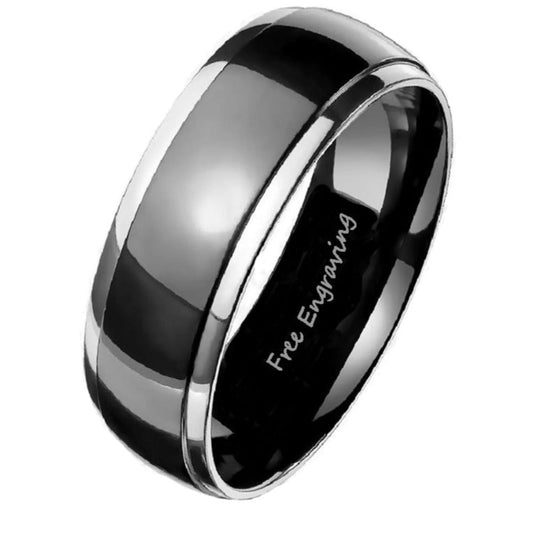 ThinkEngraved Promise Ring 9 Personalized Men's Titanium Promise Ring - Black With Silver Beveled Dome Band