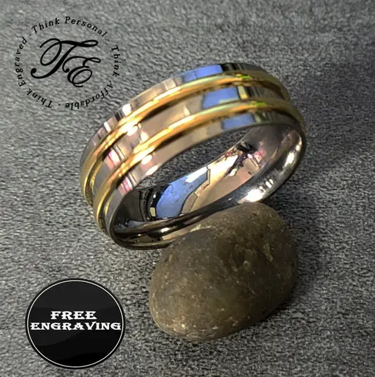 ThinkEngraved Promise Ring 9 Personalized Men's Titanium Promise Ring - Gold Filled Double Grooved