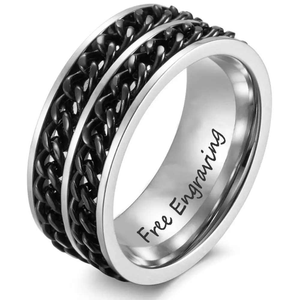 ThinkEngraved Promise Ring 9 Personalized Men's Titanium Promise Ring - Silver With Double Chain Inlays