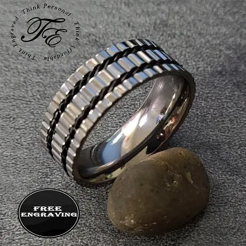 ThinkEngraved Promise Ring 9 Personalized Men's Titanium Promise Ring - Silver With Double Wire Inlays