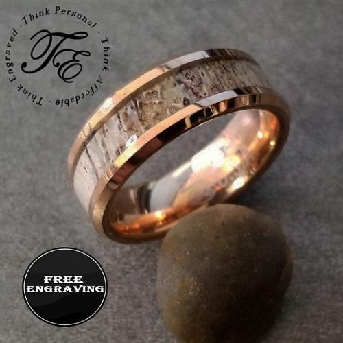 ThinkEngraved promise ring 9 Personalized Men's Tungsten  Rose Gold Promise Ring Deer Antler Inlay