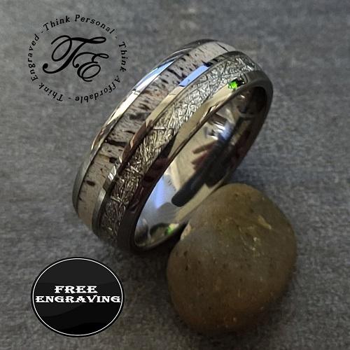 ThinkEngraved Promise Ring Men's Engraved Deer Antler and Meteor Tungsten Promise Ring - Deer Bone Ring