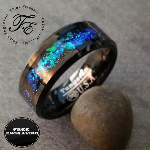 ThinkEngraved Promise Ring Men's Personalized Galaxy Opal Promise Ring - Men's Opal Tungsten Promise Ring