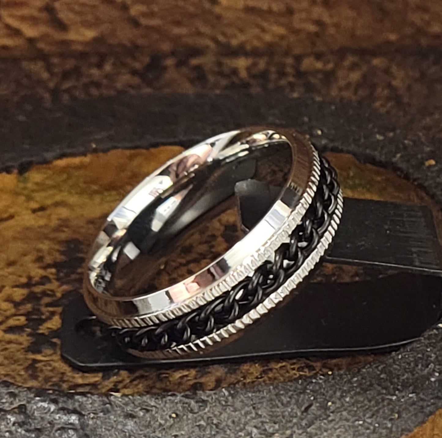 ThinkEngraved Promise Ring Personalized Engraved Men's Black Chain Spinner Ring - Silver Fidget Spinner For Him