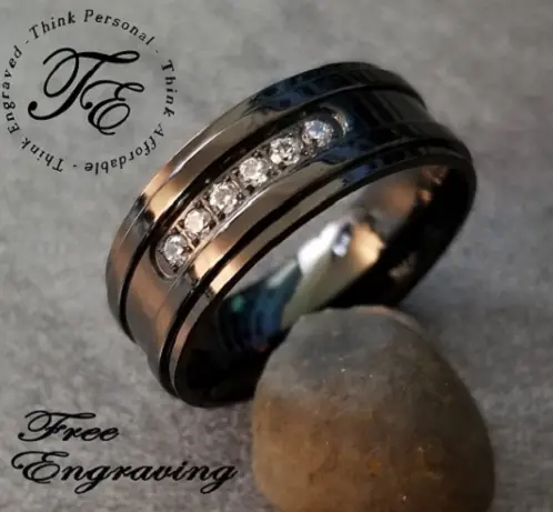 ThinkEngraved Promise Ring Personalized Engraved Men's Promise Ring - Black With Clear Gems Stainless Steel