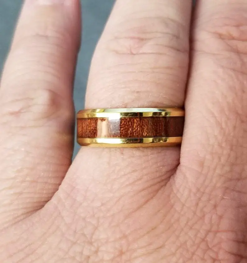 ThinkEngraved Promise Ring Personalized Men's Gold Promise Ring With Hardwood Wood Inlay