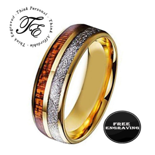 ThinkEngraved Promise Ring Personalized Men's Gold Tungsten Promise Ring Wood and Meteor