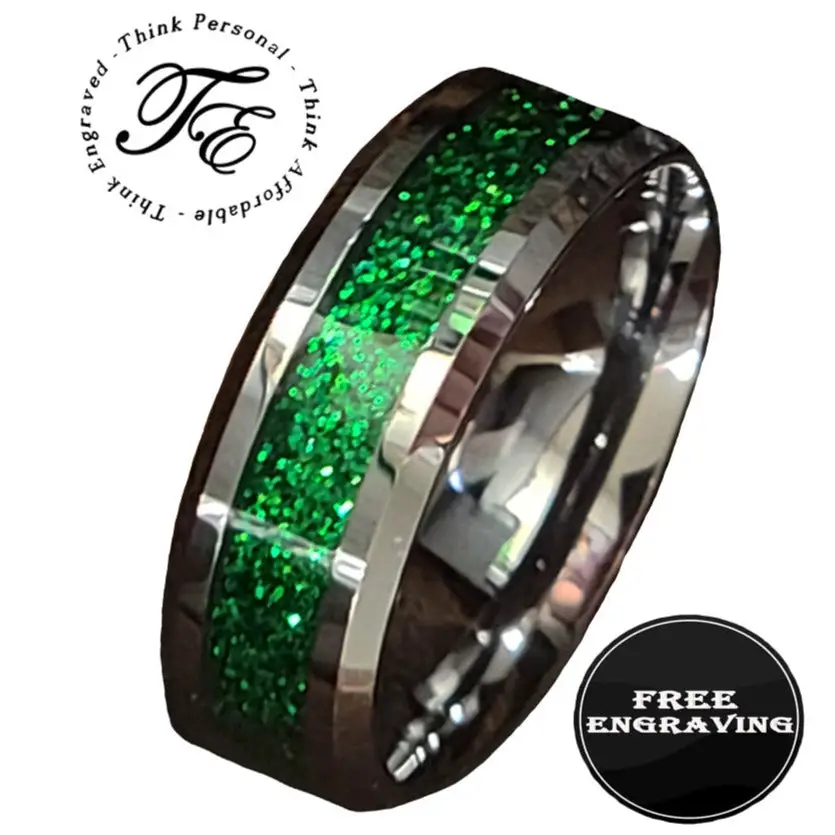 ThinkEngraved Promise Ring Personalized Men's Green Emerald Galaxy Tungsten Promise Ring or Wedding Ring