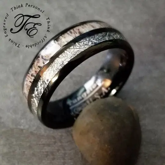 ThinkEngraved Promise Ring Personalized Men's Meteor and Antler Black Tungsten Promise Ring - Handwriting Ring