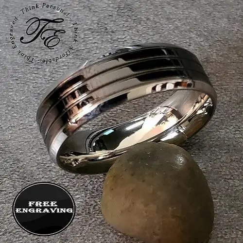 ThinkEngraved Promise Ring Personalized Men's Promise Ring - Black and Silver Double Grooved Stainless Steel