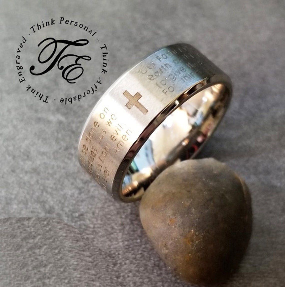 ThinkEngraved Promise Ring Personalized Men's Promise Ring - Lords Prayer Christian Cross Stainless Steel