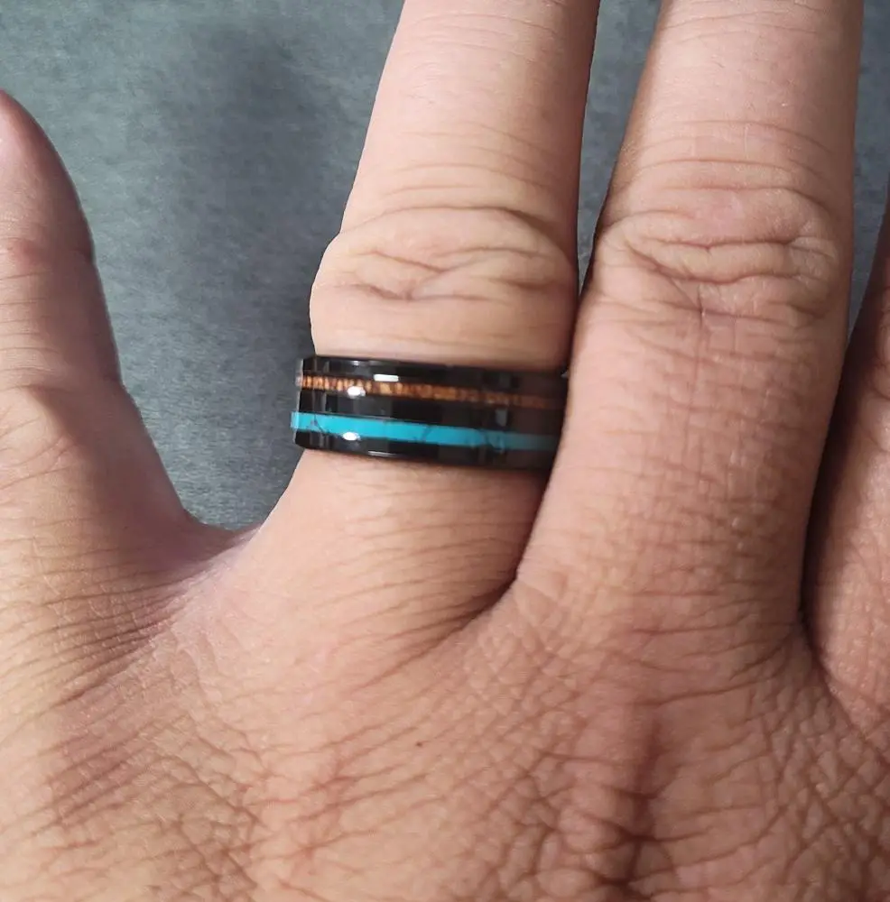 ThinkEngraved Promise Ring Personalized Men's Promise Ring - Turquoise and Wood Inlays Real Tungsten