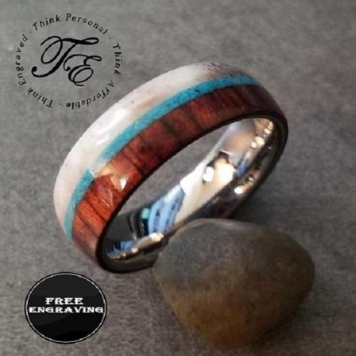 ThinkEngraved Promise Ring Personalized Men's Promise Ring - Turquoise, Antler and Wood Inlay Real Tungsten