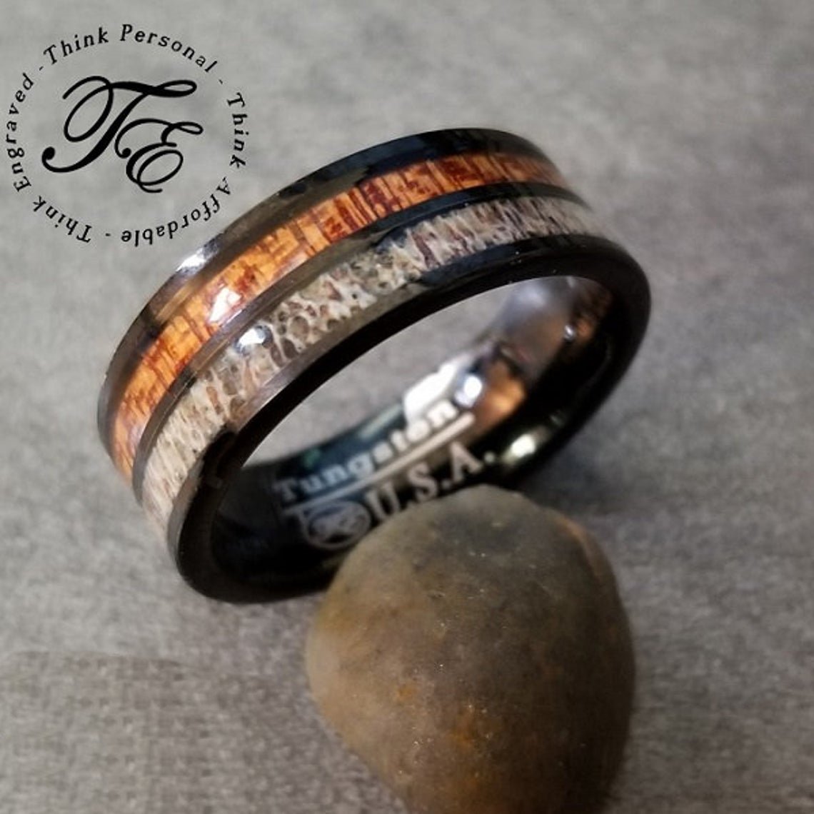 ThinkEngraved Promise Ring Personalized Men's Promise Ring - Wood and Deer Antler Inlay Real Tungsten