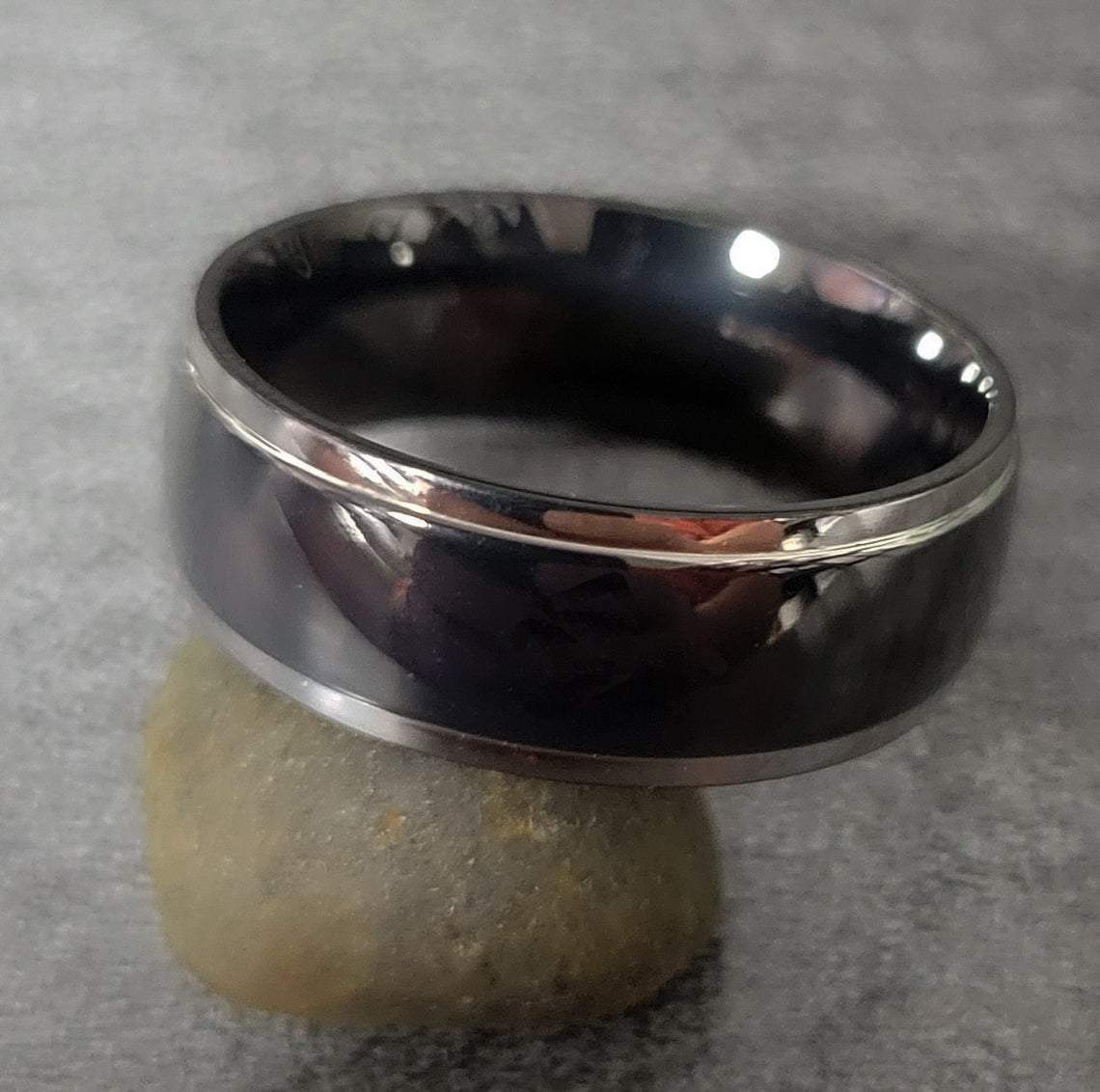 ThinkEngraved Promise Ring Personalized Men's Titanium Wedding Band - Black With Silver Beveled Edges