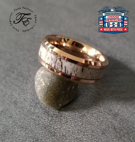 ThinkEngraved promise ring Personalized Men's Tungsten  Rose Gold Promise Ring Deer Antler Inlay